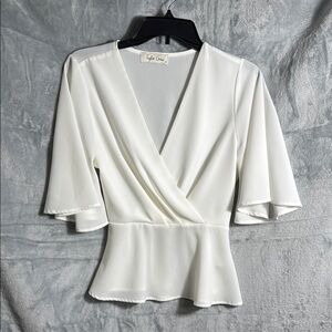 White blouse Flutter Sleeve Wrap‎ Blouse women’s medium lightweight